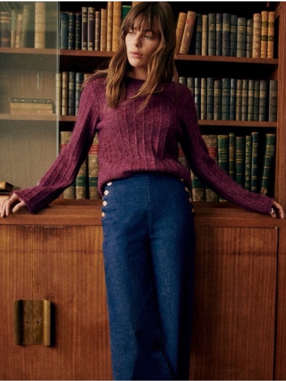 Sezane Joyce Jumper Sweater Merino Wool Mohair Gold Buttons in Grape Purple XS - Picture 12 of 12